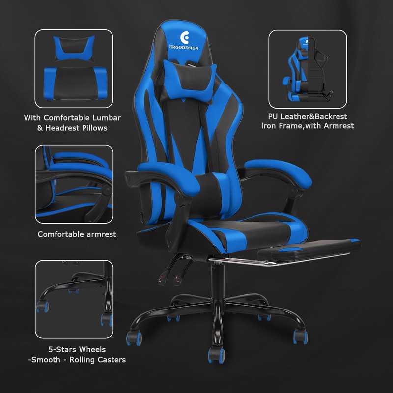 ErgoDesign Gaming Chair with Linkage Armrest & Footrest, High Back