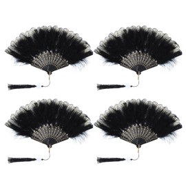 PATIKIL Embroidered Flower Marabou Feather Fan, 4 Pack 1920s Vintage Folding Handheld Fan Chinese Flapper Hand Fan for Costume Party Dancing Wedding Show Tea Decoration, Black
