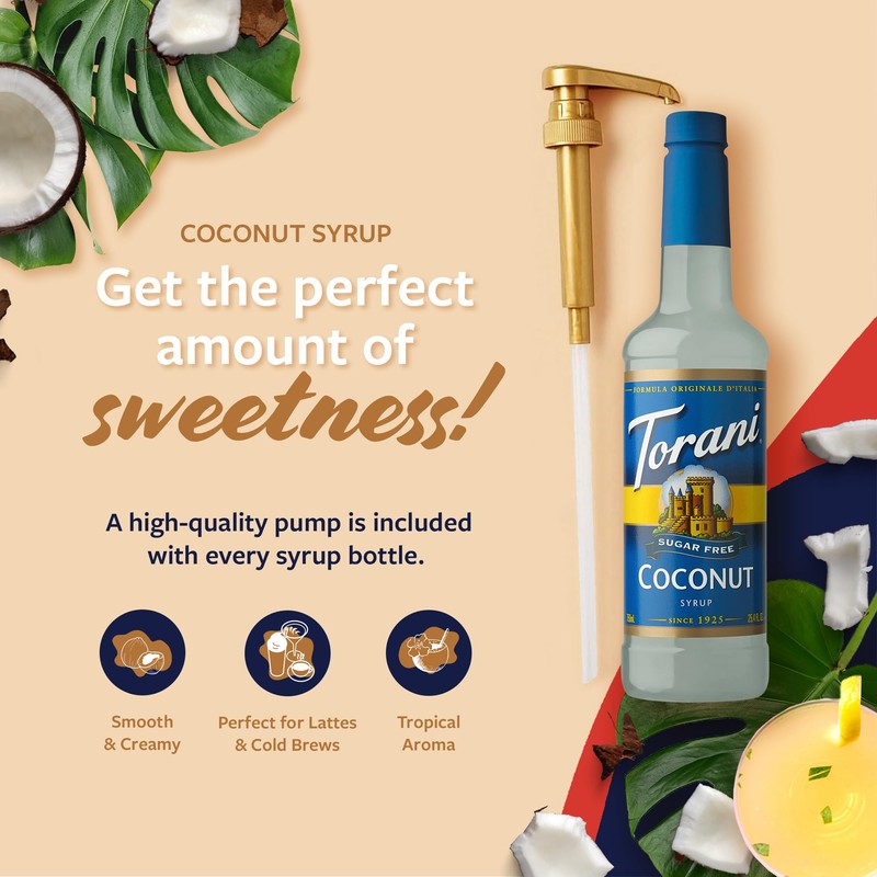 Torani Sugar Free Coffee Syrup, Coconut Flavored Syrup for Drinks,