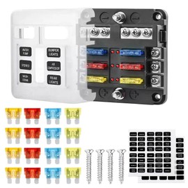 6 Way Fuse Box, 12V-32V Blade Fuse Block Holder with 16 Pcs Fuses LED Indicator Negative Bus Blade, Fuses Holder for Car RV Boat Truck Vehicle SUV Yacht Distribution Panel Accessories