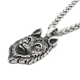 BAVIPOWER Viking Fenrir Head Pendant Stainless Steel Necklace Powerful Pagan Jewelry For Men Women Nordic Talisman Amulet Protection (Wolf 1, 20)