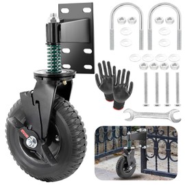 8 Inch Fence Gate Wheels with Brake 2 Install Heavy Duty Gate Wheels for Metal Wooden Gate Sliding Hardware 600lb Capacity 360° Rotation Spring-Loaded Farm Garden Caster Screwdriver Gloves Black