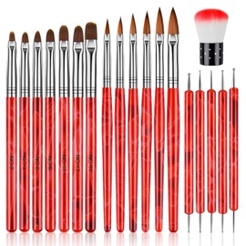 TOROKOM 19pcs Acrylic Nail Brush Set, Acrylic Applicator Tools, Gel Nail Powder Brush for Home, Nail Salon, Beginners Set (Red)