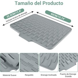 Toketa Tapete Escurridor de Trastes, Escurreplatos de Silicona para Encimera de Cocina, Antideslizante Resistente al Calor, Diseño Pendiente Drenaje Gota de Agua(Gris, 40 * 32.5cm)