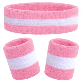 Kids Sweatbands Headband Wristband Set - Athletic Cotton Sweat Band for Sports - Ultimate Sweat-Absorbing 3-piece Set (1 Headband + 2 Wristbands) (Pink+White)