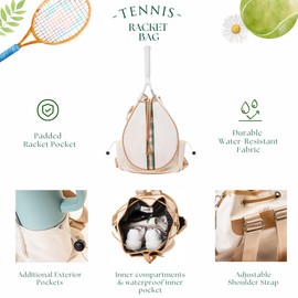 Mini Momo Tennis Bag Racket Tote Sports Racquet - Bags for Women, Unisex Badminton, Squash Case Stripe Shoulder Strap, Pickleball (Backpack - Beige/Green Stripe)
