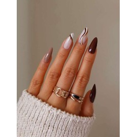 False Nails 24pcs Press On Nail incl. 1 sheet tape (Brown & Caramel Gold Swirl)