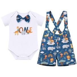 FYMNSI Baby Boys 1st Birthday Outfit Short Sleeve Romper Animal Printed Braces Shorts 2-Piece Set, blue, 12 - 18 months