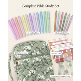 BellaHold Bible Cover Case for Women, Large Bible Bag with Detachable Strap & Bible Study Supplies, 12 Highlighters, 6 Colored Gel Pens & 75 Bible Tabs, Christian Gifts for Women (Sage Green Floral)