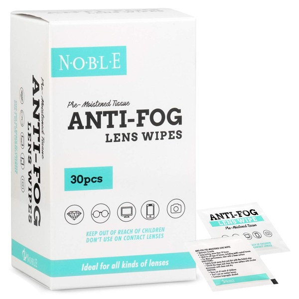 Noble Anti-Fog Pre-Moistened Lens and Screen Cleaning Wipes for Glasses Eyewear, Smartphones, Camera Lenses, Small Electronic Devices, Touchscreens, Individually Wrapped, Residue-Free, 5”x 6” (30)