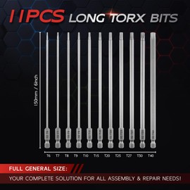 LMXMGRG 6 Point Long Torx Bits Set T6-T40 Security Torx Bit 1/4 Inch Hex Shank S2 Alloy Steel Tamper Proof Screwdriver Bit Set 11pcs(150mm)