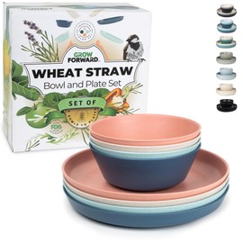 Grow Forward Premium Wheat Straw Plates and Bowls Sets - 8 Unbreakable Microwave Safe Dishes - Reusable Wheat Straw Dinnerware Sets - Plastic Plates and Bowls Alternative for Camping, RV - Tropical