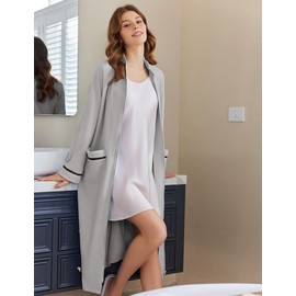 Ekouaer Women's Zipper Robes Long Sleeve Loungewear Knee Length Housecoat Fleece Bathrobe with Pockets Light Gray XXL