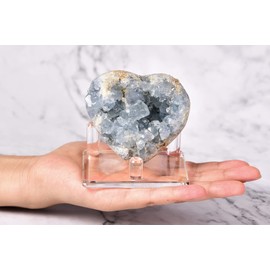 AMOYSTONE Natural Celestite Geode Blue Healing Crystals Heart Celestite Stone Raw Blue Quartz Large Celestite Crystals for Reiki, Home Decor with Plastic Stand 2.8"-3.2"