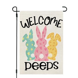 CROWNED BEAUTY Easter Bunny Garden Flag Welcome Peeps 12x18 Inch Double Sided for Outside Small Burlap Holiday Rabbits Yard Decoration CF1723-12