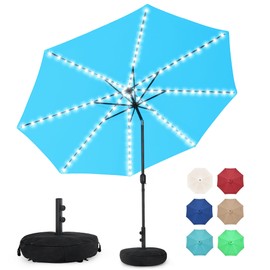 Sundale Outdoor Solar 104 LED 11 ft Patio Umbrella with Sand Bag Umbrella Base, Outdoor Umbrella with Tilt and Crank, Sky Blue