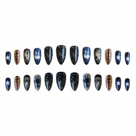BABALAL Press on Nails Medium Almond Fake Nails Black Blue Glue on Gothic Acrylic Nails Swan Bow Anime Print False Nails Cute False Nails 24Pcs Custom Stiletto Full Cover Nails for Women Girls