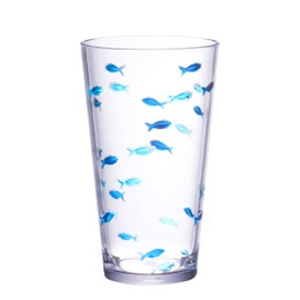 KLIFA- CHARLESTON- 19 oz, Set of 6, Acrylic Fishing Highball, School of Fish Drinking Glasses, BPA-Free, Stackable Plastic Drinkware, Dishwasher Safe Cups, Dark and Light Blue Printing