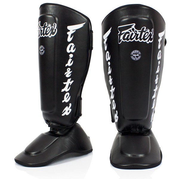 Fairtex SP7 Muay Thai Shin Guards for Men, Women, Kids | Shin Guards Made with Syntek Leather & are Premium, Lightweight & Durable | Detachable shin & Foot Protector- Large, Black