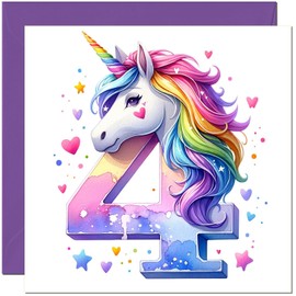 4th Girls Birthday Cards - Rainbow Heart Unicorn Numbers Unicorn Birthday Card for 4 Year old Kids four, fourth