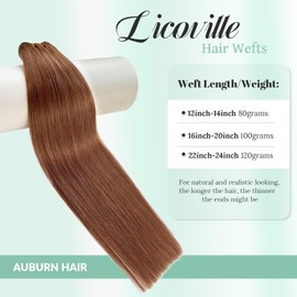 Auburn Sew in Hair Extensions Real Human Hair, 14 Inch 80G Auburn Brown Hand Tied Human Hair Weft Extensions Silky Straight Hand Tied #30 Auburn Brown Sew in Weave Bundles for Women