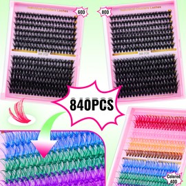 Lash Clusters Kit DIY Lash Extension Kit 3D Effect Cluster Lashes 840Pcs Cluster Eyelash Extensions Wispy Eyelash Clusters with Lash Bond&Seal,Gift Packs for Beginners Bulk Pack(12 Counts Lash Kit-3)