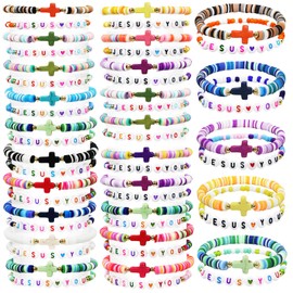 yesaior 60 pcs Colorful Friendship Bracelet, Stackable Elastic Cute Beaded Bracelets Preppy Bracelets Bulk Set for Women Gift (Jesus love you)