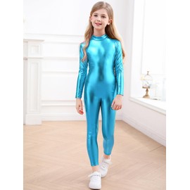 Genfirdom Girls Shiny Metallic Unitard Long Sleeve Leotard Turtleneck Kids Bodysuit for Costume Dance 3-12 Years(blue，9-10