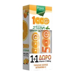 POWER HEALTH 1+1 FREE, VITAMIN C 1000 MG WITH STEVIA 24EFFERVESCENT TABLETS+ VITAMIN C 500MG ORANGE FLAVOR 20EFFERVESCENT TABLETS