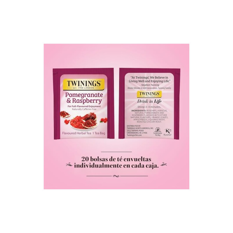 Twinings té de granada y frambuesa de hierbas, 40 unidades