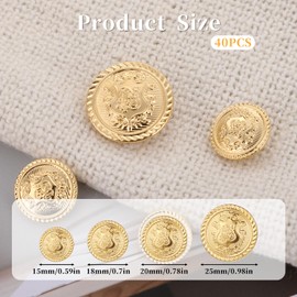 JJUNW Pack of 40 Metal Blazer Buttons, Vintage Antique Golden Buttons, Metal Buttons, Round Sewing Button for Blazer, Uniform, Suits, Sports Coat (15 mm, 18 mm, 20 mm, 25 mm)