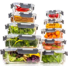 coccot Glass Food Storage Containers with Lids Airtight, Glass Meal Prep Containers for Lunch Food, Container Set, Easy to Open& Close/Microwave,Oven,Freezer,Dishwasher Safe/Leak-Proof（20 Pieces）