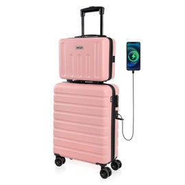 AnyZip Suitcase, 20" Carry On Luggage 14" Mini Cosmetic Cases Luggage Sets Hardside PC ABS Lightweight USB Suitcase with Wheels TSA for kids (2 Piece Set 14/20, Pink)