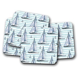 4 Set - Sailing Boat Pattern Coaster - Ship Nautical Anchor Blue Fun #12441