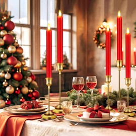 KSWING Upgraded Real Wax LED Flameless Red Taper Candles with Remote, 6 PCS Candlesticks Battery Operated 3D Flickering - 9.6" Long Realistic Fake Candle Sticks for Home/Wedding/Fireplace Xmas Decor