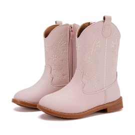 BMCiTYBM Toddler Girls Cowgirl Cowboy Boots Little Kids Pointed Toe Western Boots Floral Mid Calf Side Zipper Riding Shoes for All Seasons Pink Size 7 Toddler