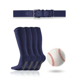 FASHOOKIN Navy Toddler/Youth Softball Socks, Belt and Baseball Combo Set (2 Pairs of Socks, 1 Belt and 1 Baseball) for Boys Girls