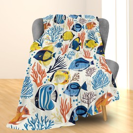 Ti Caldi Colorful Fish Blanket, Soft Cozy Lightweight Flannel Throw Blanket for Couch, Bed, Decor, Travel & Outdoor Use, Warm Fluffy Fuzzy Blankets with coral for Women Men 60×50 in
