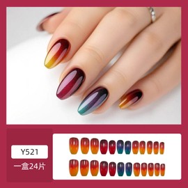 Color Press on Nails Short Coffin Fake Nails with Burgundy Blue Gradient Designs Glossy Nails Press ons Orange Brown Ombre Glue on Nails Acrylic Artificial Stick on Nails for Women 24Pcs