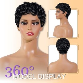 HANASCC Pelucas de cabello humano ultra cómodas con corte Pixie para mujeres negras, sin pegamento, peluca corta Bob 100% cabello humano real, ligera,