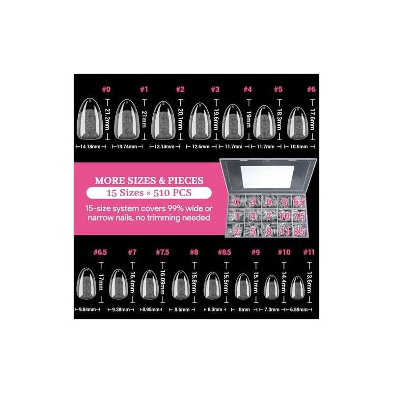Uñas Postizas Cortas Almendradas, 15 Tamaños, 510 Unidades, Transparentes, Suaves,