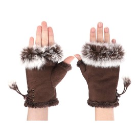 Women Winter Warm Fingerless Gloves Rabbit Fur Half Finger Mittens Half Finger Suede Leather Short Gloves Wrist Warmer Texting Gloves Ski Gloves Snow Gloves Cold Weather Gloves Outdoor Sport Gloves