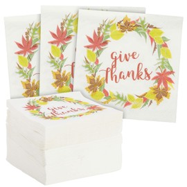 BLUE PANDA 100 Pack Give Thanks Thanksgiving Cocktail Napkins, Fall Leaves Wreath Design (5 x 5 In) - Paper Napkins