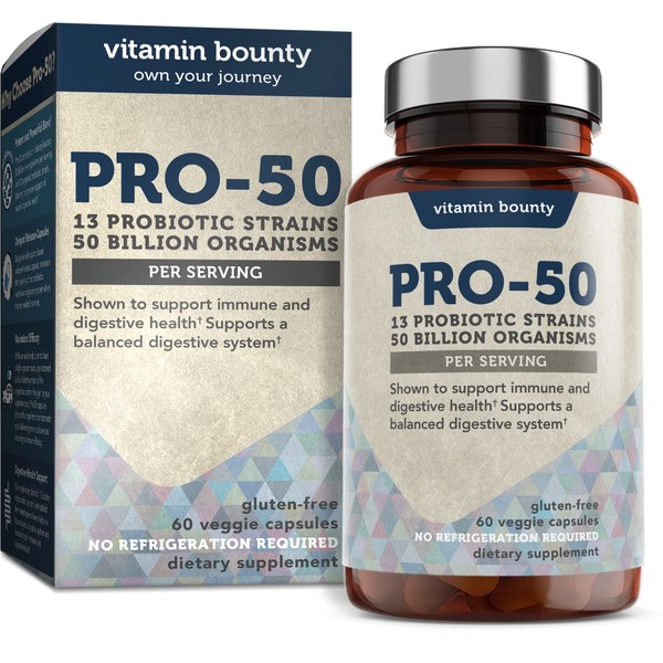 Vitamin Bounty Pro-50 Probiotics - 13 Probiotic Strains, Gut Health, Digestive Health, Probiotic for Women and Men, Delayed Release Capsule with Prebiotic Greens - 60 Capsules