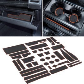 SENSHINE for Ford F150 Accessories 2021 2022 2023 2024 Non-Slip Anti Dust Cup Holder Insert Center Console Liner Trim Door Packet Mats Premium Custom Interior 40-pc Set (Bucket SuperCrew)(Orange Trim)