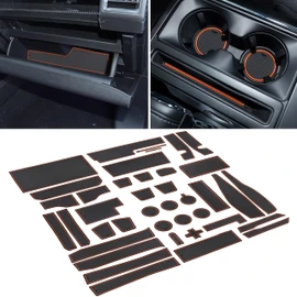 SENSHINE for Ford F150 Accessories 2021 2022 2023 2024 Non-Slip Anti Dust Cup Holder Insert Center Console Liner Trim Door Packet Mats Premium Custom Interior 40-pc Set (Bucket SuperCrew)(Orange Trim)