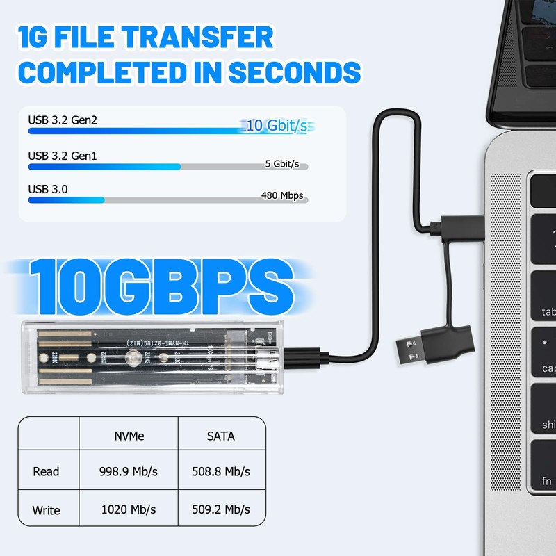 M.2 NVMe SSD Enclosure USB-C 10Gbps, USB 3.1 Gen2 Adapter