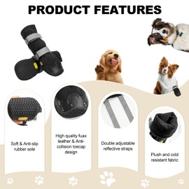 OHCOZZY Non-Slip Dog Shoes with Reflective Straps Waterproof Wear-resistant Leather Rubber Sole Dog Shoes Paw Protection for Small, Medium and Large Dogs Pack of 4 (Size XL, Black)