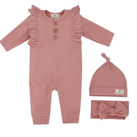Newborn Baby Clothes - Baby Organic Cotton Long Sleeve Growsuit with Frill Gift Set with matching Style Handband and Beanie for baby girls