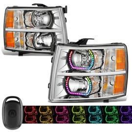 DNA MOTORING Pair of Headlights Compatible with 2007-2013 Chevy Silverado 1500, 2500 3500 & HD, Start Up Sequence RGB LED DRL, Chrome/Amber, HL-RGB-CSIL07-CH-AM